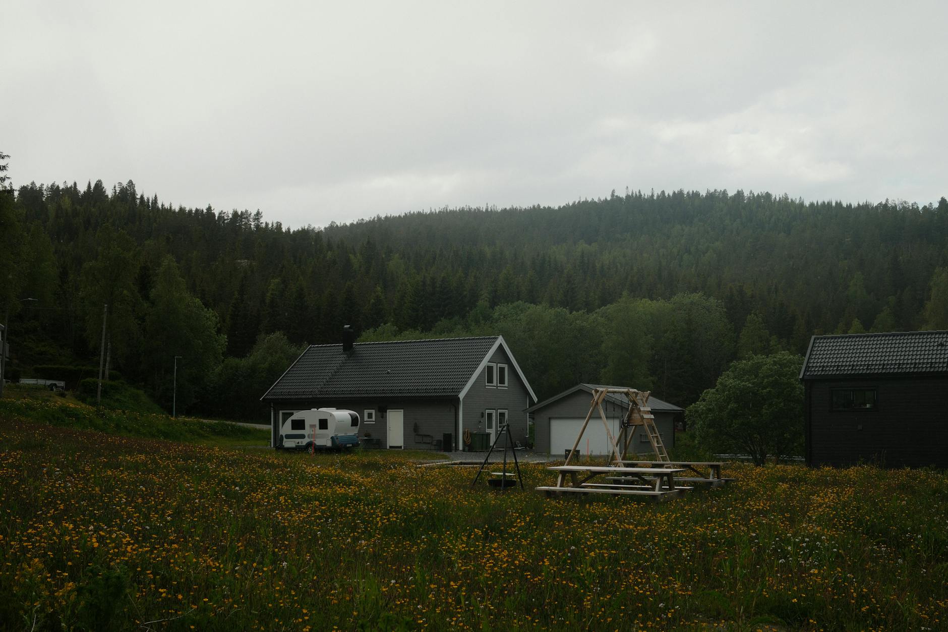 Wiejski dom wśród lasu i dzikich kwiatów na pochyłym terenie