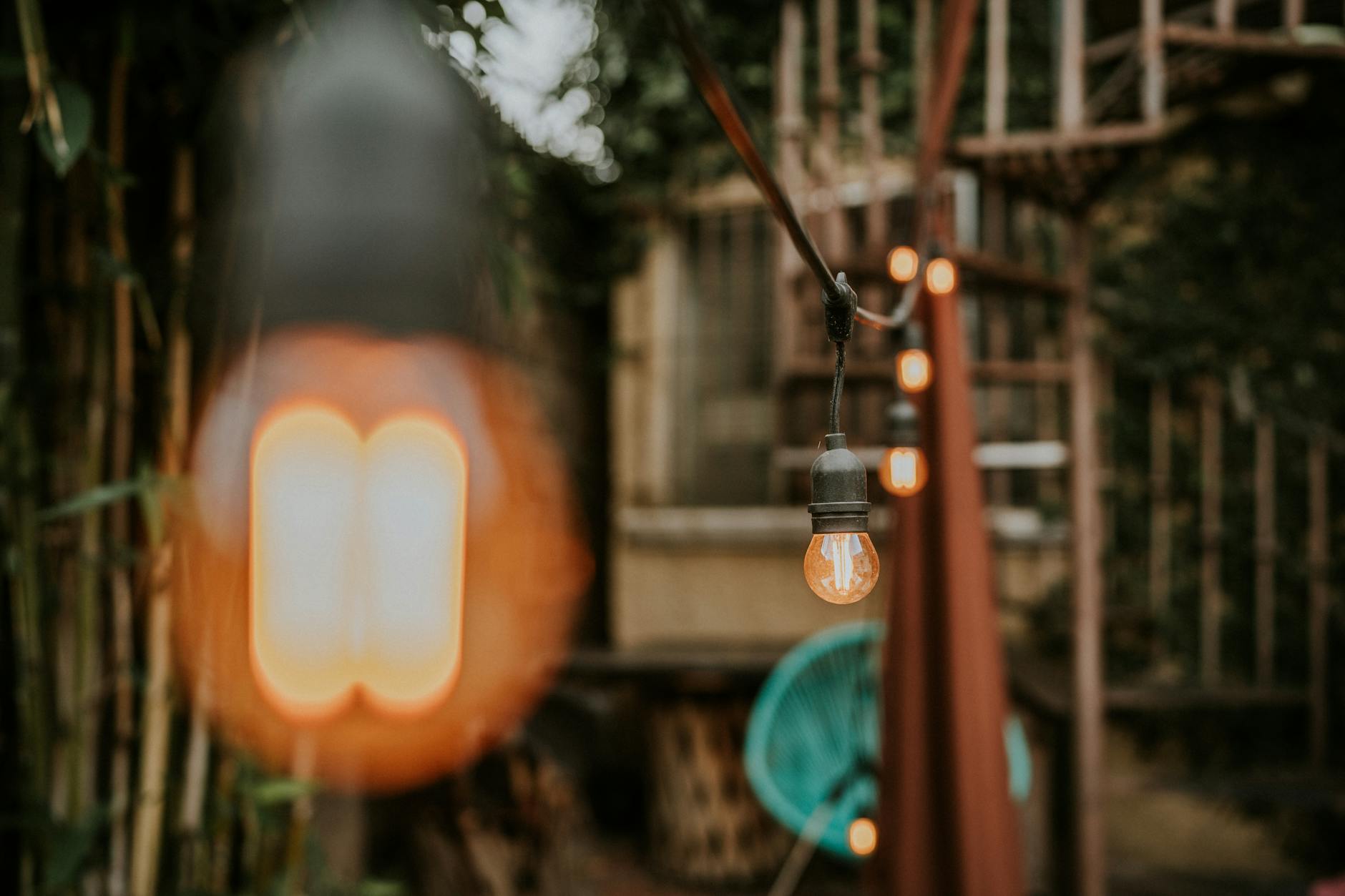 Girlanda żarówek Edisona oświetlająca przytulny, leśny zakątek ogrodu