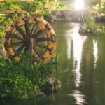Drewniane koło wodne przy oczku wśród zieleni w nowoczesnym ogrodzie